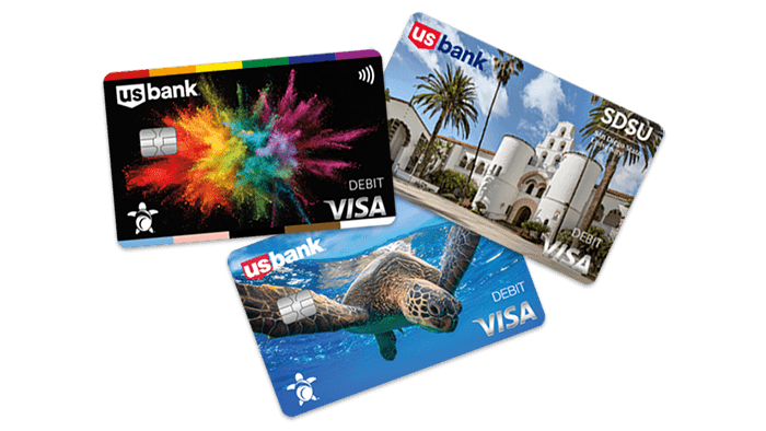 U.S. Bank debit card designs; Pride, eco-friendly and collegiate themes.